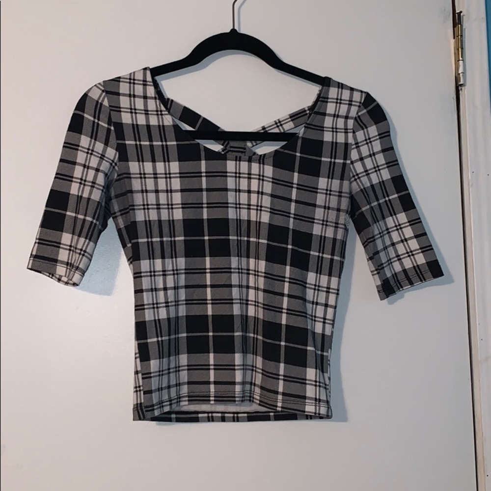 Black and White Plaid Criss Cross Crop Top